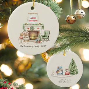 Cosy Watercolor Mice Fireplace Christmas Ceramic Tree Decoration
