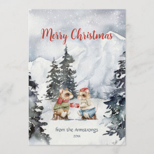 Cosy Watercolor Mice Hot Cocoa Snow Christmas Holiday Card