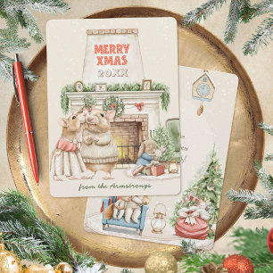 Cosy Watercolor Mice Vintage Holiday Greeting Card
