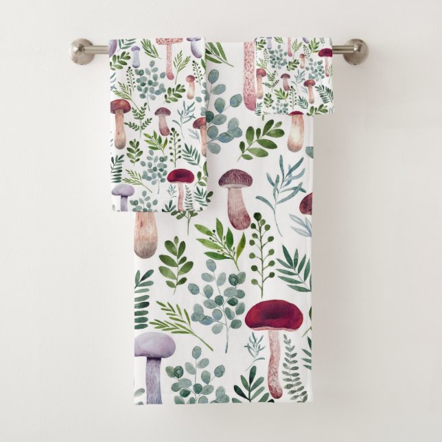 Cosy Watercolor Mushrooms Pattern   Bath Towel Set (Insitu)