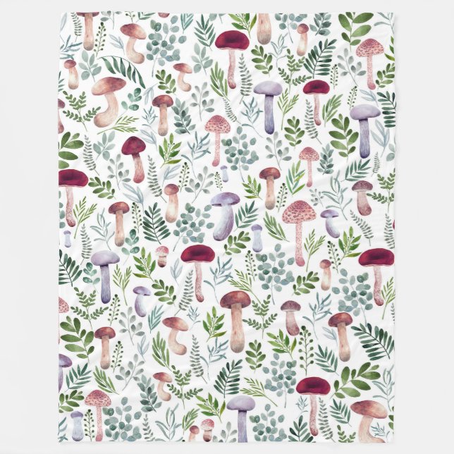 Cosy Watercolor Mushrooms Pattern Fleece Blanket (Front)