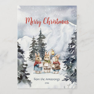 Cosy Watercolor Rabbit Carolers Snow Christmas Holiday Card