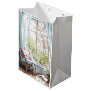 Cosy Watercolor Reading Nook Window Spring Garden  Medium Gift Bag