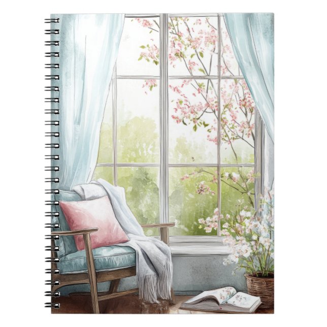 Cosy Watercolor Reading Nook Window Spring Garden  Notebook (Front)