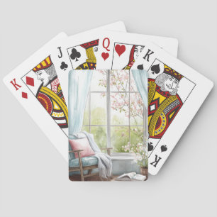 Cosy Watercolor Reading Nook Window Spring Garden Playing Cards
