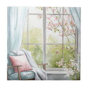 Cosy Watercolor Reading Nook Window Spring Garden Tile