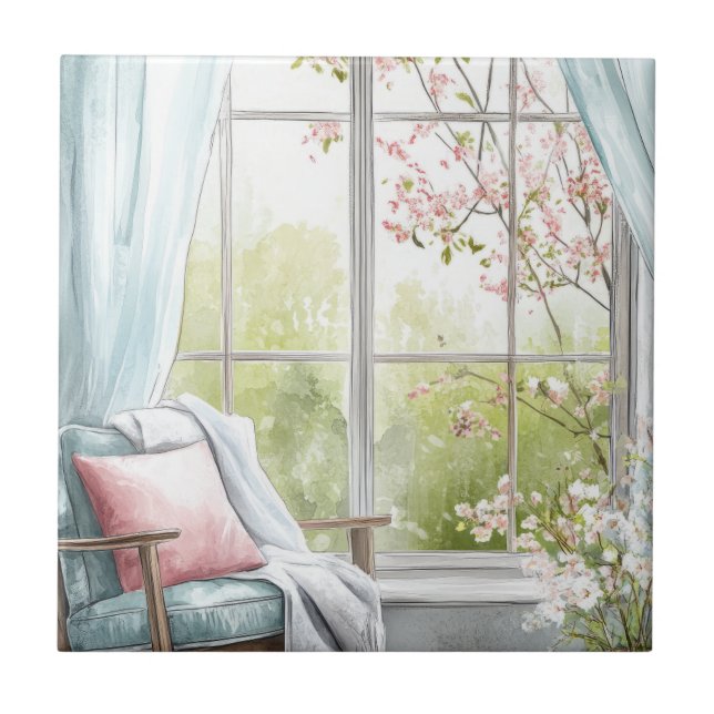 Cosy Watercolor Reading Nook Window Spring Garden  Tile (Front)