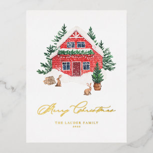 Cosy Watercolor Red Christmas Cottage Foil Holiday Postcard