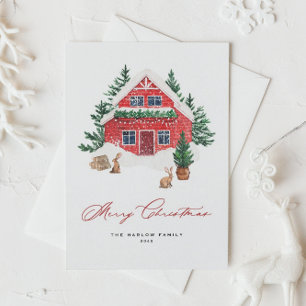 Cosy Watercolor Red Christmas Cottage Rustic Holiday Postcard