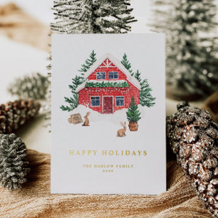 Cosy Watercolor Red Cottage Evergreen Forest Foil Holiday Card