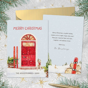 Cosy Watercolor Red Door Ski Dog Snow Christmas Holiday Card