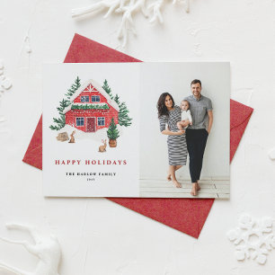 Cosy Watercolor Red Holiday Cottage Photo