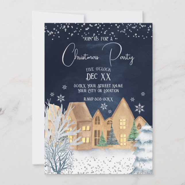 Cosy Watercolor Winter Village Christmas Party Invitation (Front)