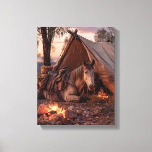 Cosy Western Tent Horse Campfire Art Canvas Print