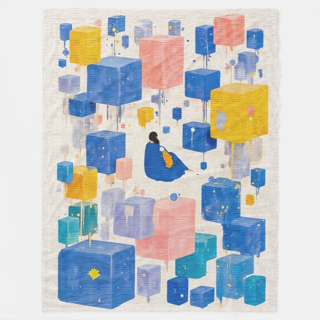 Cosy Whimsical Dreamer Floating Cubes Watercolor Fleece Blanket (Front)