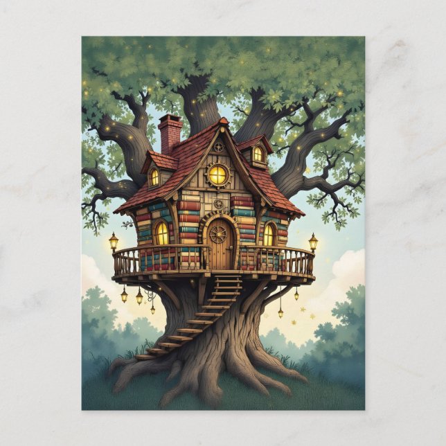 Cosy Whimsical Treehouse Made From Antique Books Postcard (Front)