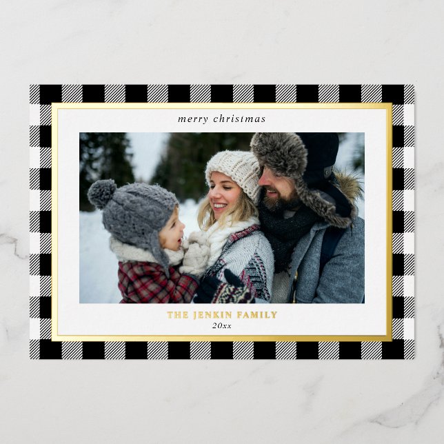 Cosy White Black Plaid Border 3 Photos Christmas Foil Holiday Card (Front)