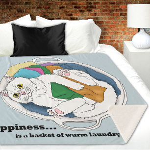 Cosy White Cat Laundry Basket Funny Blue Sherpa Blanket