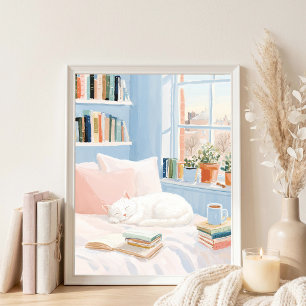Cosy White Cat Reading Nook Art Print