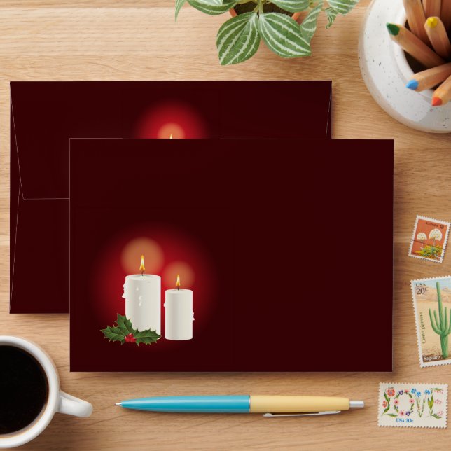 Cosy White Christmas Candles On Red Envelope (Desk)