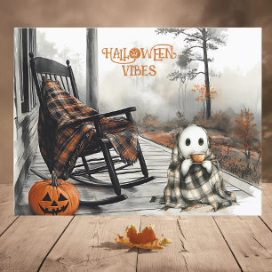 Cosy White Ghost Rustic Fall Porch Halloween Vibes Holiday Postcard
