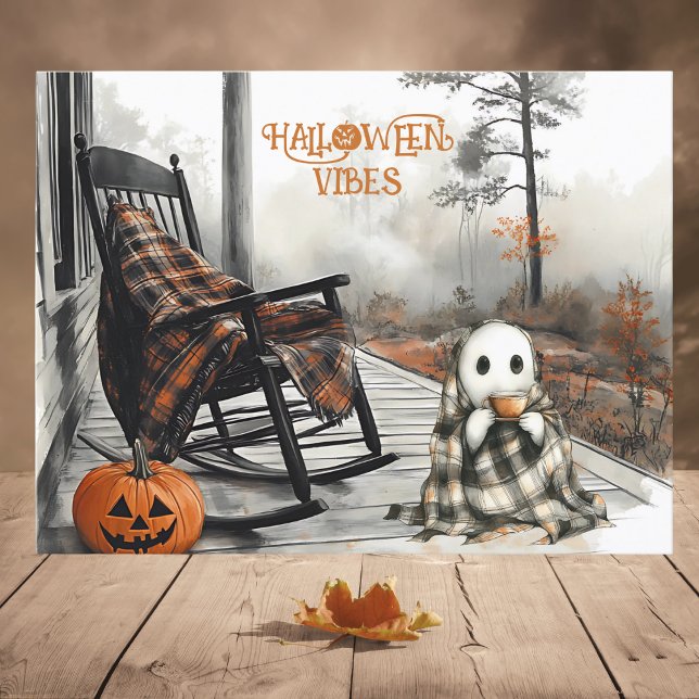 Cosy White Ghost Rustic Fall Porch Halloween Vibes Holiday Postcard (Creator Uploaded)