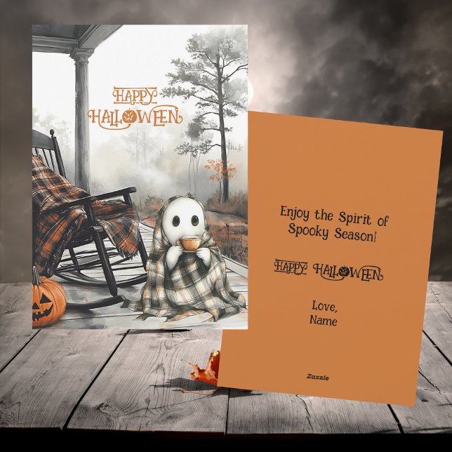 Cosy White Ghost Rustic Fall Porch Happy Halloween Holiday Card (Creator Uploaded)