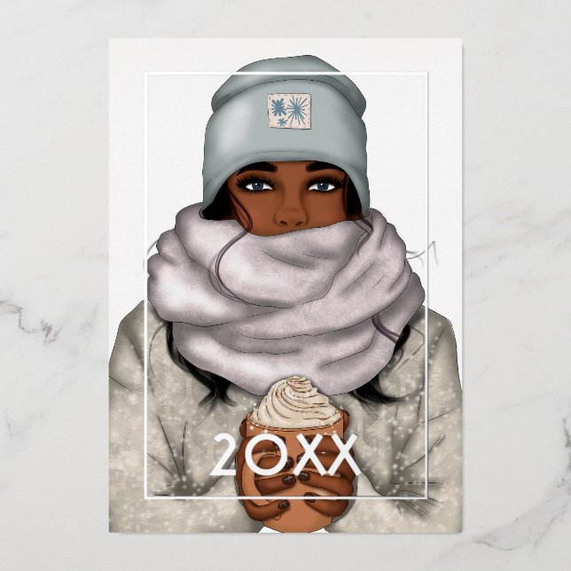 Cosy Winter African American Christmas Foil Holiday Card (Front)