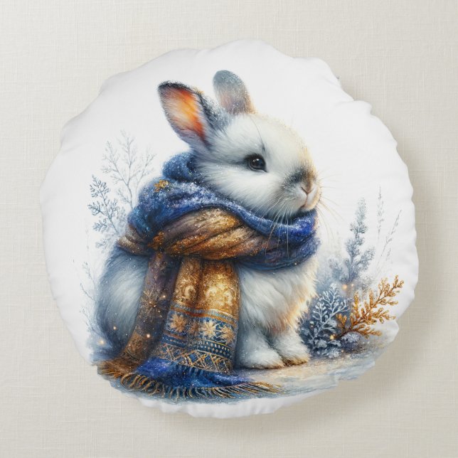 Cosy Winter Bunny Rabbit Round Cushion (Back)