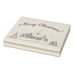Cosy Winter Cabin Christmas Scene Rubber Stamp
