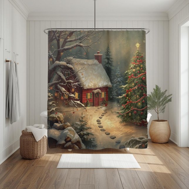 Cosy Winter Cabin Christmas Tree Watercolor Snowy  Shower Curtain (Creator Uploaded)