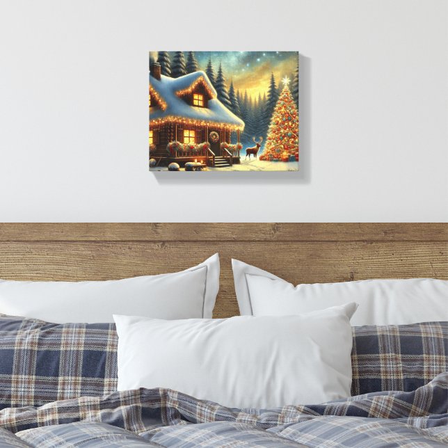 Cosy Winter Cabin in a Snowy Forest | Christmas Canvas Print (Insitu(Bedroom))