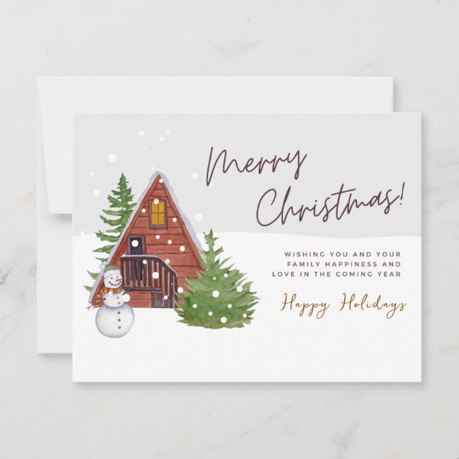 Cosy Winter Cabin & Snowman | Watercolor Christmas Holiday Card (Front)