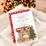 Cosy winter chimney Christmas tree illustration Invitation<br><div class="desc">A modern layout with a brushed font script with hand painted traditional cosy winter Christmas scene featuring a stone chimney,  burning fire place,  christmas pine wreath and socks,  with a cute green and red Christmas tree and glowing light and stack of wrapped gifts and presents</div>