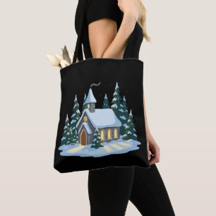 Cosy Winter Christmas Church Snowy Country Tote Bag