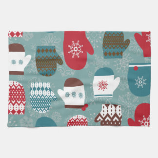 Cosy Winter Christmas Mittens Blue Tea Towel