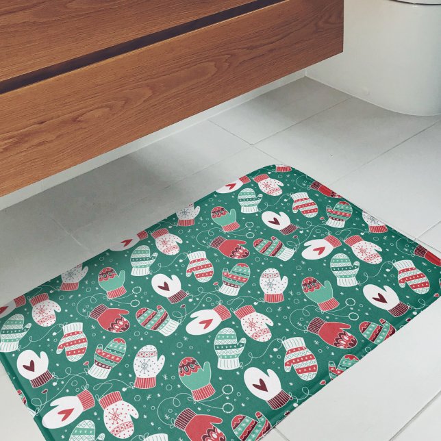 Cosy Winter Christmas Mittens Pattern in Green Bath Mat (Winter Mittens Bath Mat)