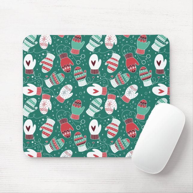 Cosy Winter Christmas Mittens Pattern in Green Mouse Mat (With Mouse)