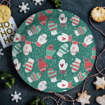 Cosy Winter Christmas Mittens Pattern in Green Paper Plate<br><div class="desc">This novelty pattern design features hand drawn mittens with unique doodled designs on each mitten, perfect for the chilly winter season. Each adorable mitten has snowflakes, hearts, festive stripes, strings and pom poms in knitted style, and are surrounded by snowflake dots. Coloured in a classic Christmas colour palette of deep...</div>