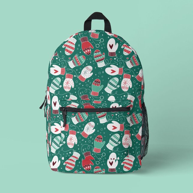 Cosy Winter Christmas Mittens Pattern in Green Printed Backpack (Green Winter Mittens Pattern Backpack)