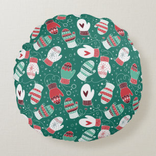 Cosy Winter Christmas Mittens Pattern in Green Round Cushion