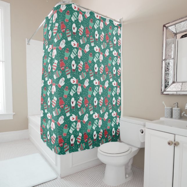 Cosy Winter Christmas Mittens Pattern in Green Shower Curtain (In Situ)