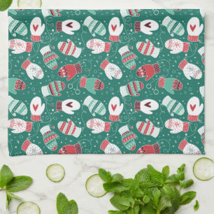 Cosy Winter Christmas Mittens Pattern in Green Tea Towel