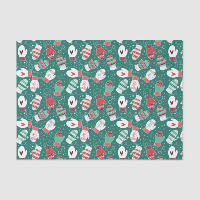 Cosy Winter Christmas Mittens Pattern in Green Tissue Paper (Front)