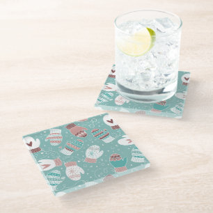 Cosy Winter Christmas Mittens Pattern in Mint Glass Coaster