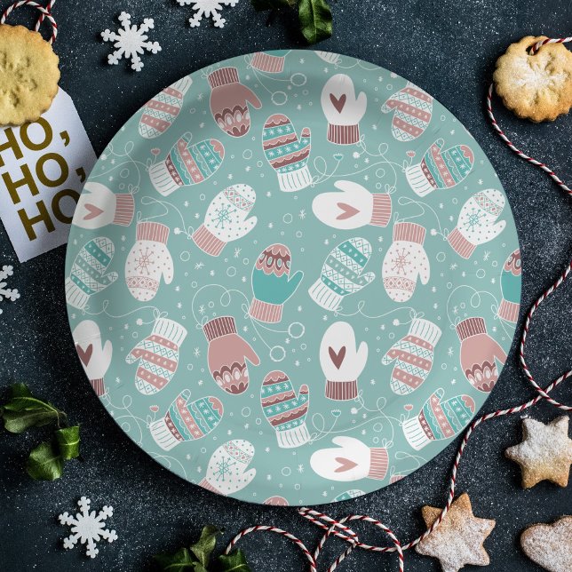 Cosy Winter Christmas Mittens Pattern in Mint Paper Plate (Winter Mittens Christmas Plate)