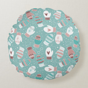 Cosy Winter Christmas Mittens Pattern in Mint Round Cushion