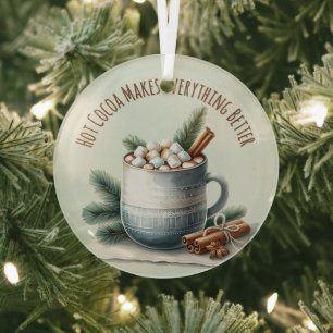Cosy Winter Cocoa Marshmallow Scene Glass Tree Decoration
