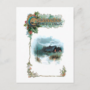 Cosy Winter Cottage and Ornate Christmas Greetings Postcard