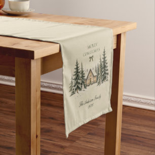 Cosy Winter Cottage Beige Merry Christmas Family Short Table Runner